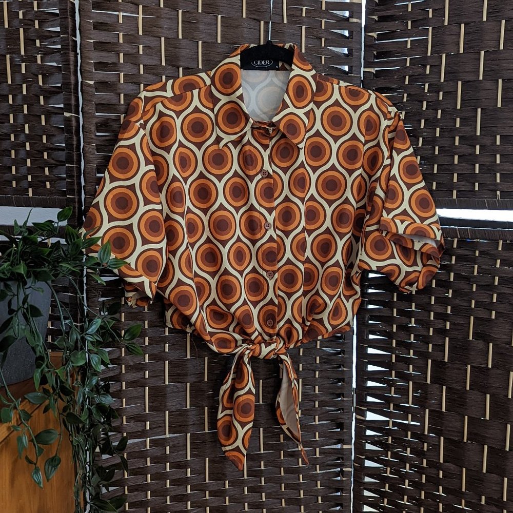 Cider Orange & Brown Retro 70s Tie Front Top (S)